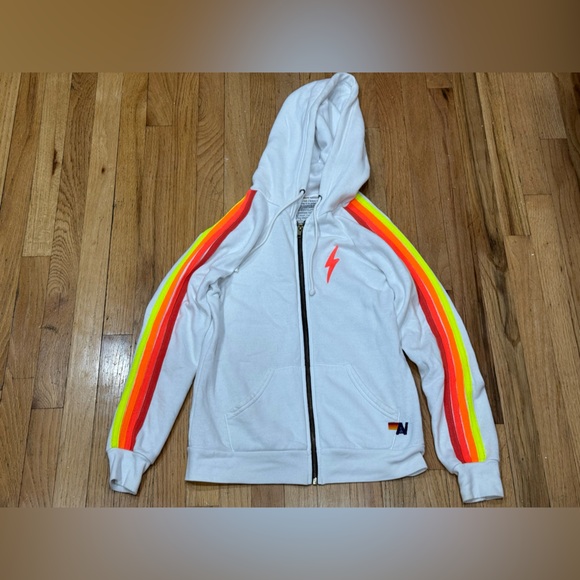 AVIATOR NATION WHITE ZIP UP NEON BOLT NEON STRIPES HOODIE - Picture 16 of 16